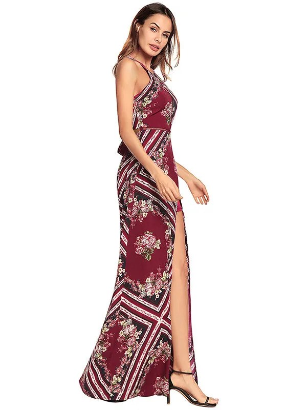 Retro Floral Print Sleeveless Halter Dress