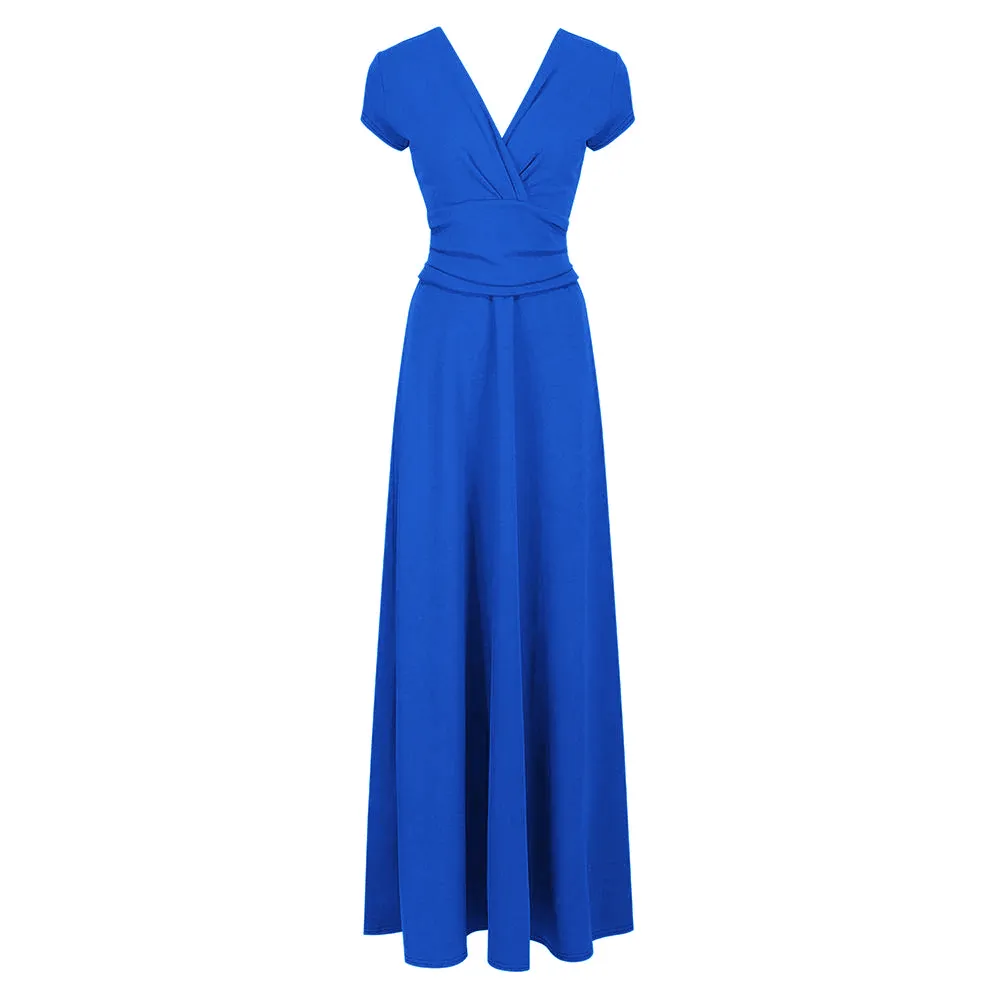 Royal Blue V Neck Cap Sleeve Maxi Dress