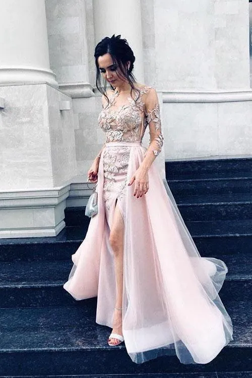 Sexy Long Sleeve Pink Tulle Lace Appliques Mermaid Prom Dresses Evening Dresses