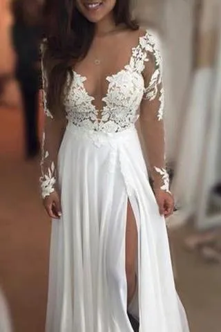 Sexy Long Sleeves Floor-Length Jewel Illusion Neck Prom Dress with Lace