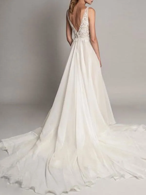 Simple Wedding Dress 2021 A Line V Neck Sleeveless Beaded Bridal Dresses With Train