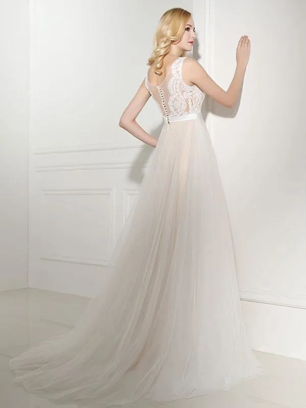 Simple Wedding Dress Tulle Jewel Neck Sleeveless Pearls A Line Bridal Gowns