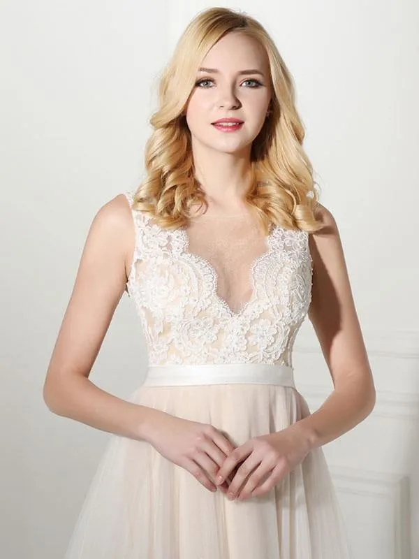 Simple Wedding Dress Tulle Jewel Neck Sleeveless Pearls A Line Bridal Gowns