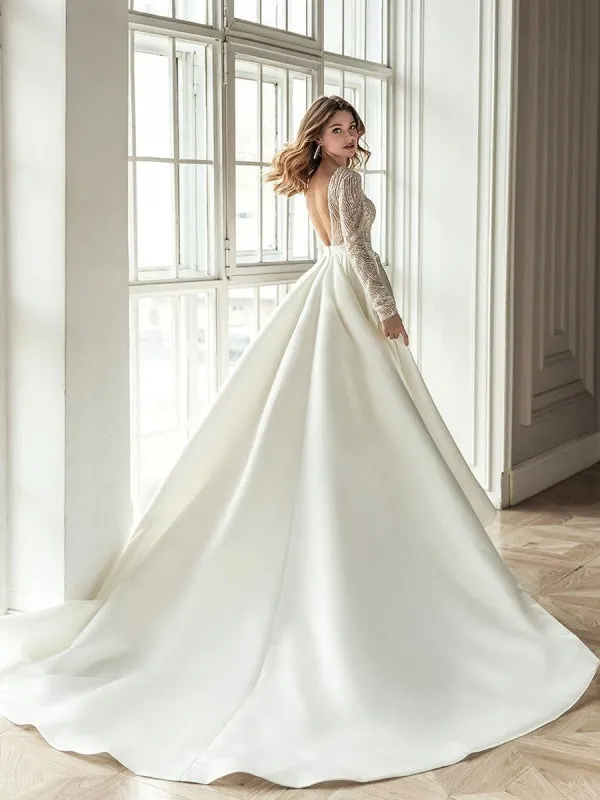 Simple Wedding Dress With Train A Line V Neck Long Sleeves Lace Bridal Dresses