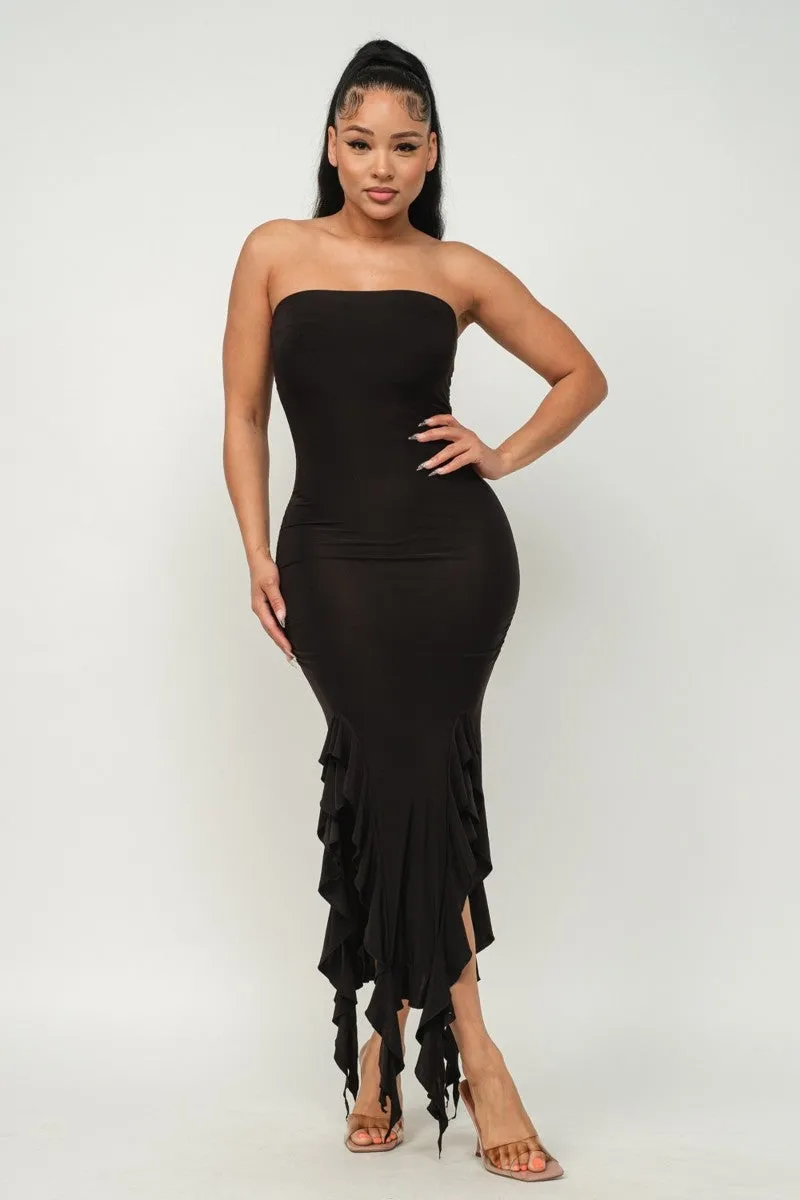 Solid Bottom Ruffle Trim Hem Slit Tube Maxi Dress