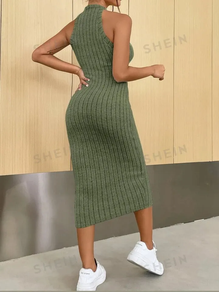 Solid halter neck bodycon dress in green