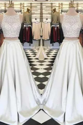 Stunning White Satin Two Pieces Sequins Rhinestone Round Neck A-line Prom Dresses