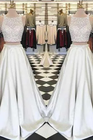 Stunning White Satin Two Pieces Sequins Rhinestone Round Neck A-line Prom Dresses