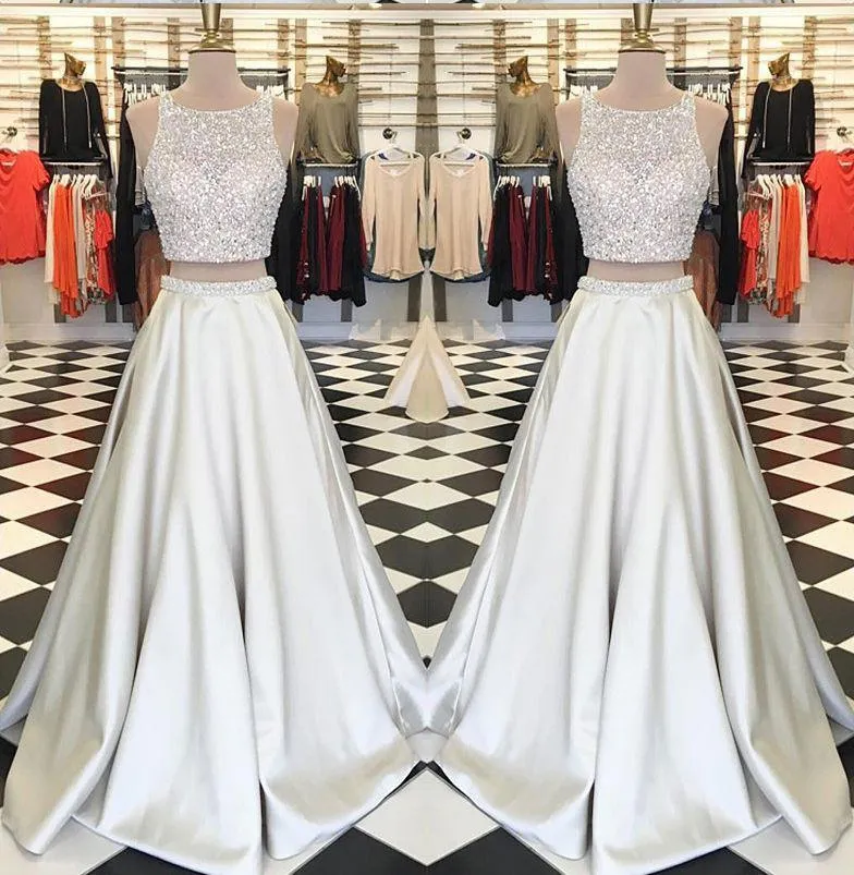 Stunning White Satin Two Pieces Sequins Rhinestone Round Neck A-line Prom Dresses