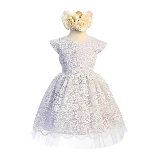 Sweet Kids Inc Floral Lace With Peek A Boo Lace & Pearl Trim Dress - Lavender