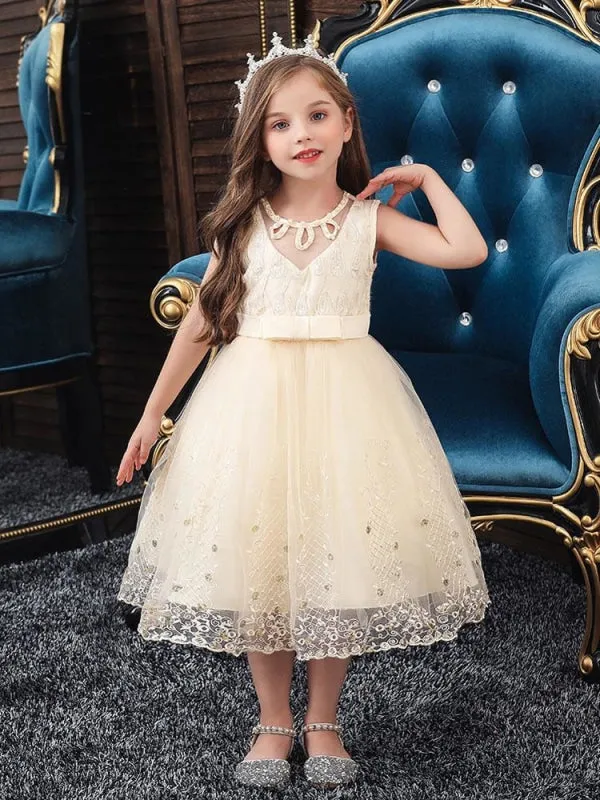 Tulle Sleeveless Yellow Flower Girl Dresses Jewel Neck Knee-Length Princess Silhouette Kids Pageant Dresses