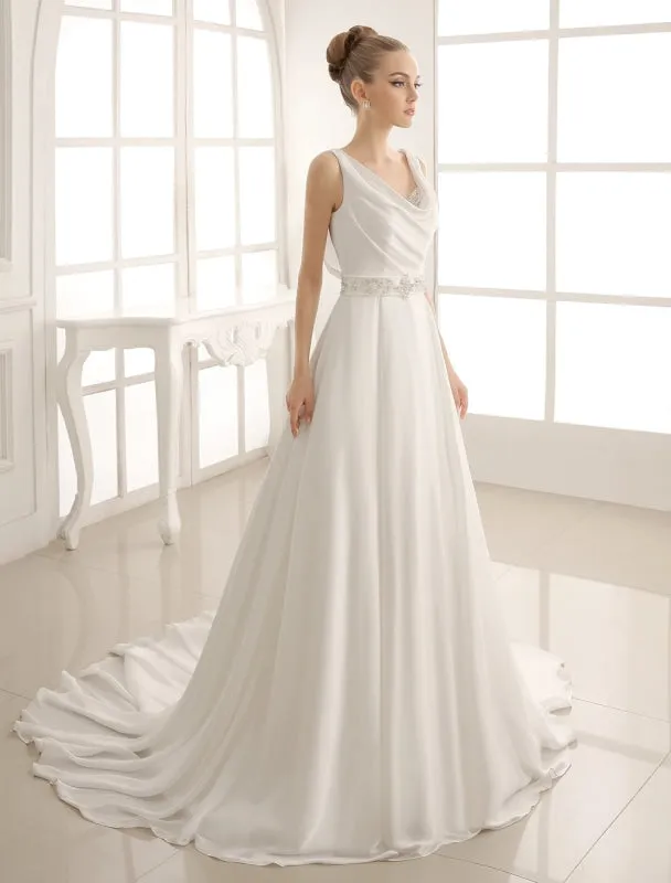 Turndown Collar Brides Wedding Dress With Pleated Satin Exclusive