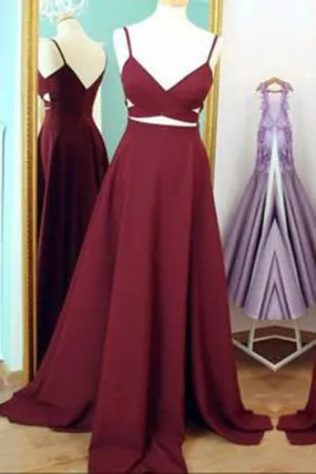 Two Piece Straps Long Prom Dress Evening Dress Spaghetti Straps Wine Red Prom Dresses