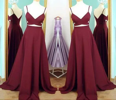 Two Piece Straps Long Prom Dress Evening Dress Spaghetti Straps Wine Red Prom Dresses