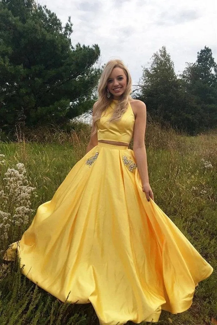 Two Pieces Halter Open Back Yellow Prom Dresses Beads Evening Dresses with Pockets