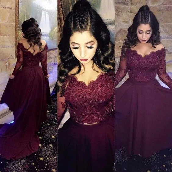 Two Pieces Lace Burgundy Assymetrical Long Dress Evening Dresses Prom Dresses