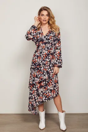 Verona Black Floral LS Asymmetrical Hem Midi Dress