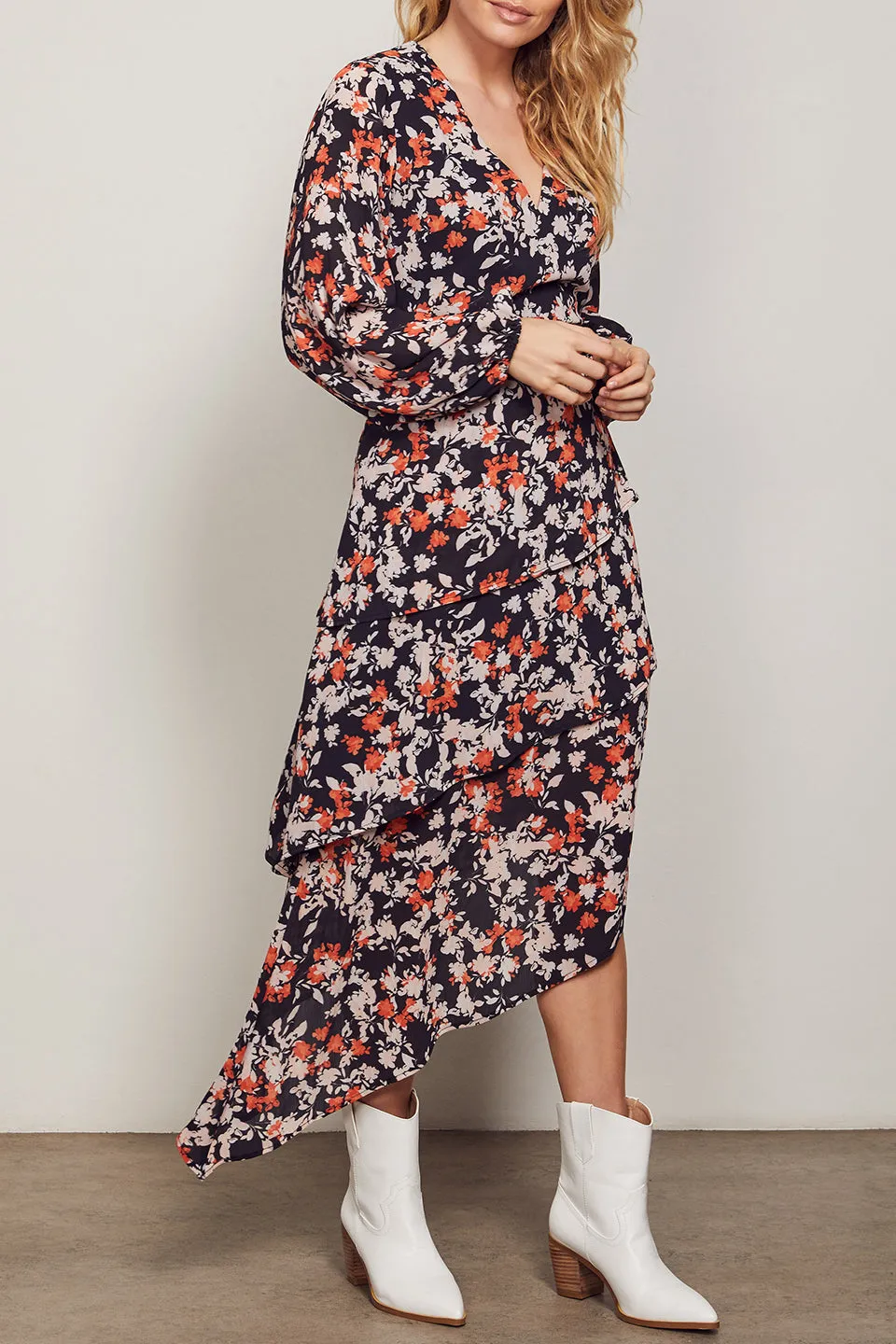 Verona Black Floral LS Asymmetrical Hem Midi Dress