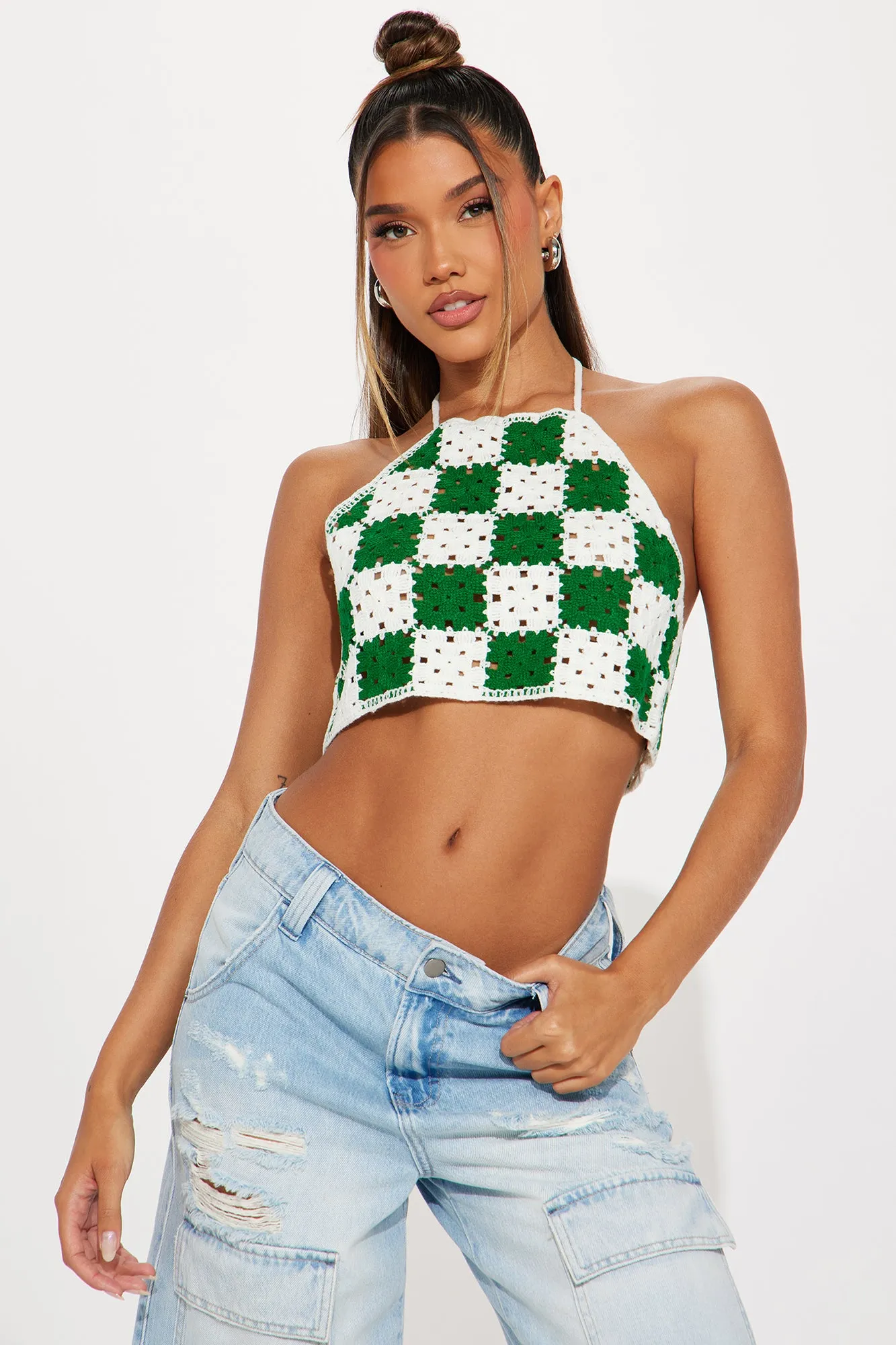 Vibe Check Crochet Halter Top - Green/combo