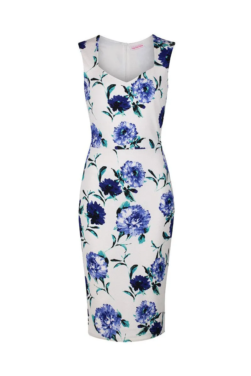 Vintage White and Blue Floral Print Bodycon Pencil Dress