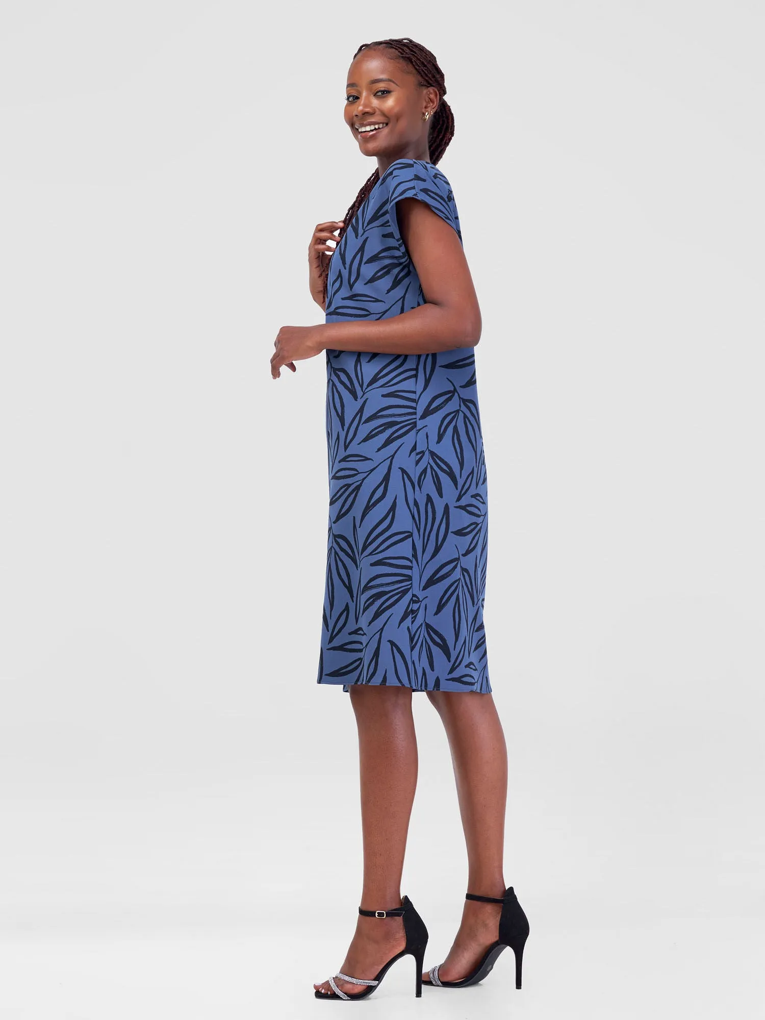 Vivo Ajani Drop Shoulder V-Neck Dress - Blue / Black Kasai Print