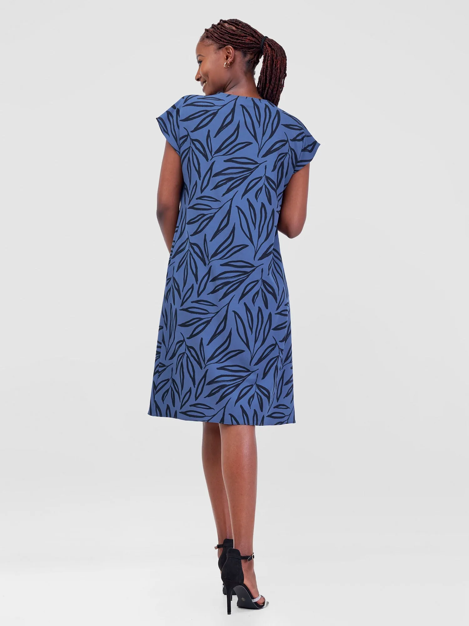 Vivo Ajani Drop Shoulder V-Neck Dress - Blue / Black Kasai Print