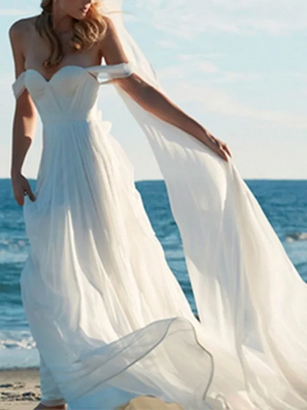 Wedding Dress A Line Off The Shoulder Sweetheart Neck Sleeveless Floor Length With Train Bridal Gowns