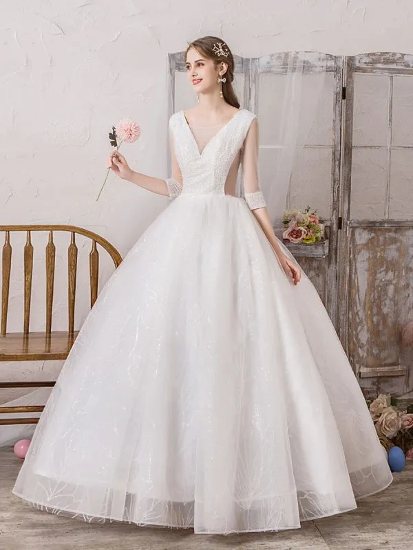 Wedding Dress Princess Silhouette Floor Length V Neck Sleeveless Natural Waist Beaded Lycra Spandex Bridal Gowns