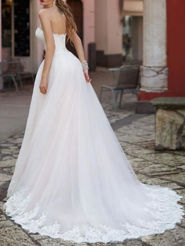 Wedding Dress Sweetheart Neck Sleeveless Floor Length Lace Bridal Gowns With Train