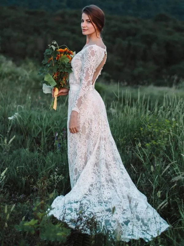 Wedding Dress With Train A-Line Long Sleeves V-Neck Ivory Lace Bridal Gowns