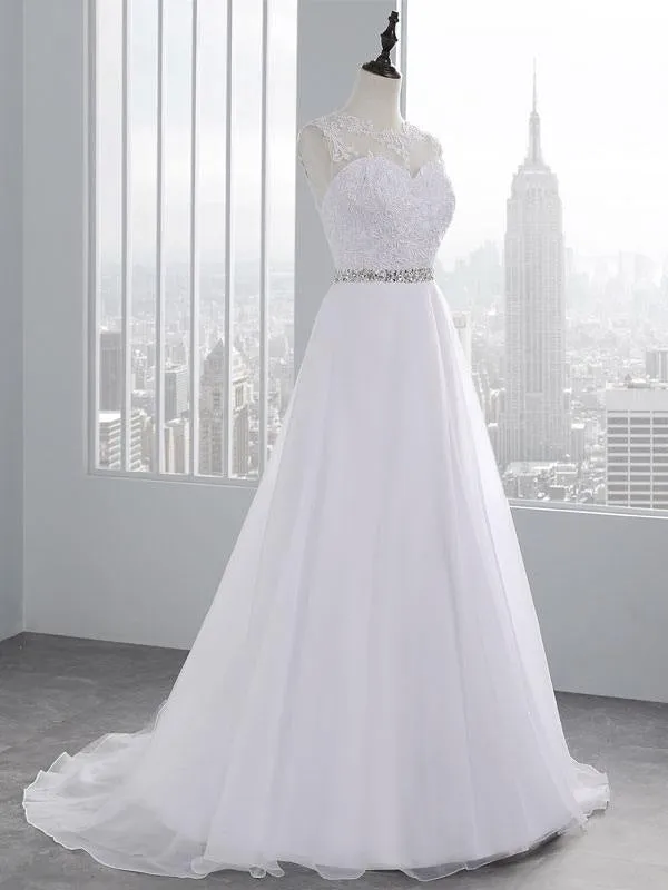 Wedding Dresses 2021 A Line Beaded Jewel Neck Sleeveless Floor Length Tulle Traditional Bridal Dress With Train