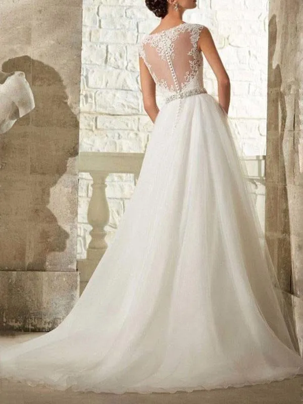 Wedding Dresses 2021 A Line Beaded Jewel Neck Sleeveless Floor Length Tulle Traditional Bridal Dress With Train