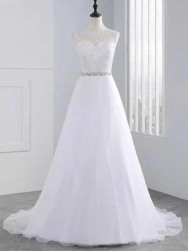 Wedding Dresses 2021 A Line Beaded Jewel Neck Sleeveless Floor Length Tulle Traditional Bridal Dress With Train