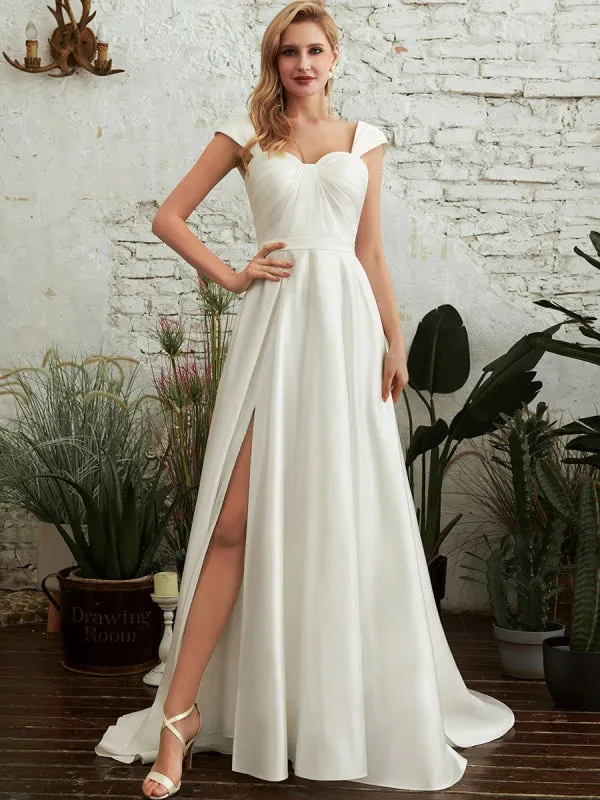 Wedding Dresses A-Line Court Train Spaghetti Straps Sleeveless Pleated Sweetheart Neck Satin Fabric Ivory Bridal Gowns