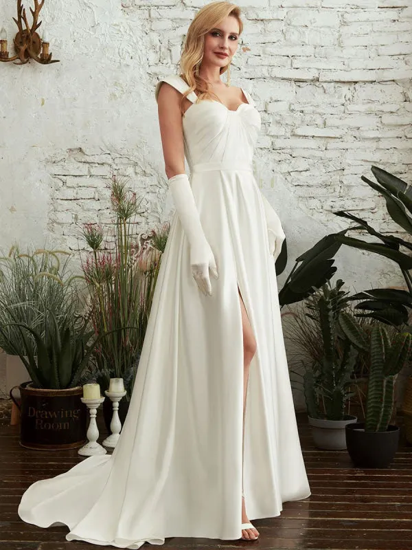 Wedding Dresses A-Line Court Train Spaghetti Straps Sleeveless Pleated Sweetheart Neck Satin Fabric Ivory Bridal Gowns