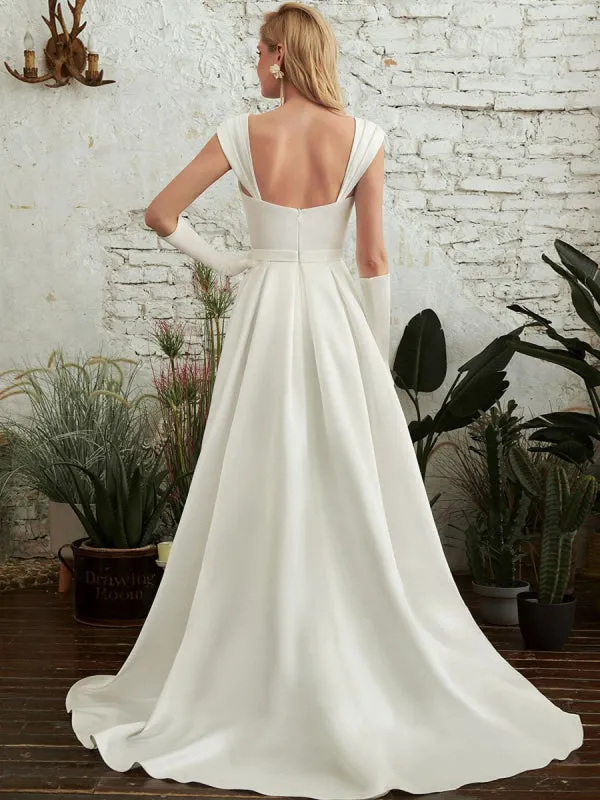 Wedding Dresses A-Line Court Train Spaghetti Straps Sleeveless Pleated Sweetheart Neck Satin Fabric Ivory Bridal Gowns