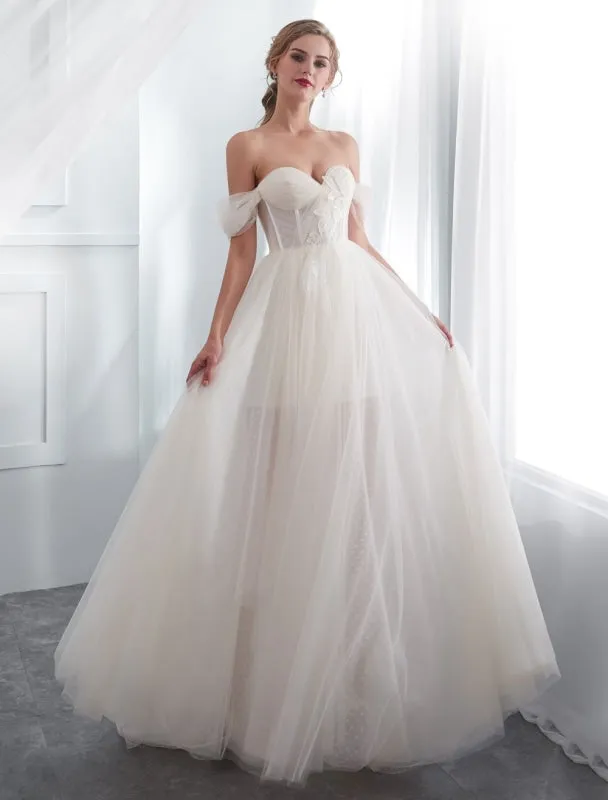 Wedding Dresses Tulle Ivory Off The Shoulder Sweetheart Beach Bridal Dress With Train