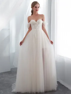 Wedding Dresses Tulle Ivory Off The Shoulder Sweetheart Beach Bridal Dress With Train