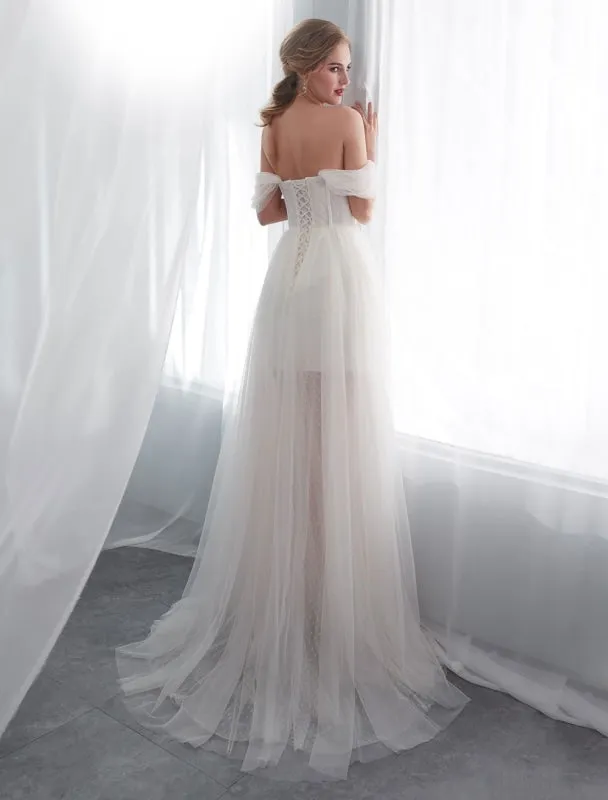 Wedding Dresses Tulle Ivory Off The Shoulder Sweetheart Beach Bridal Dress With Train