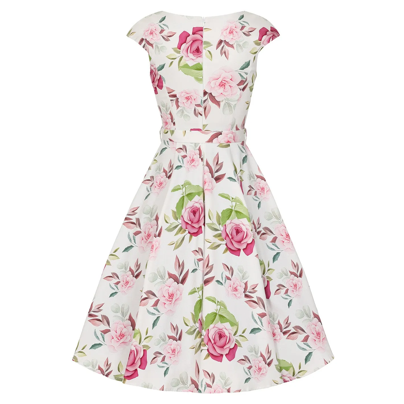 White & Pink Floral Cap Sleeve 50s Swing Dress