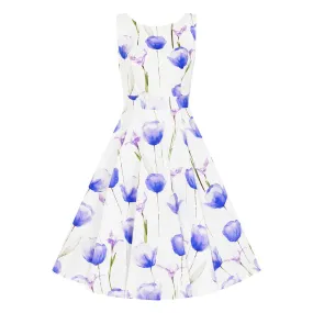 White & Purple Tulips Floral Print 50s Swing Dress