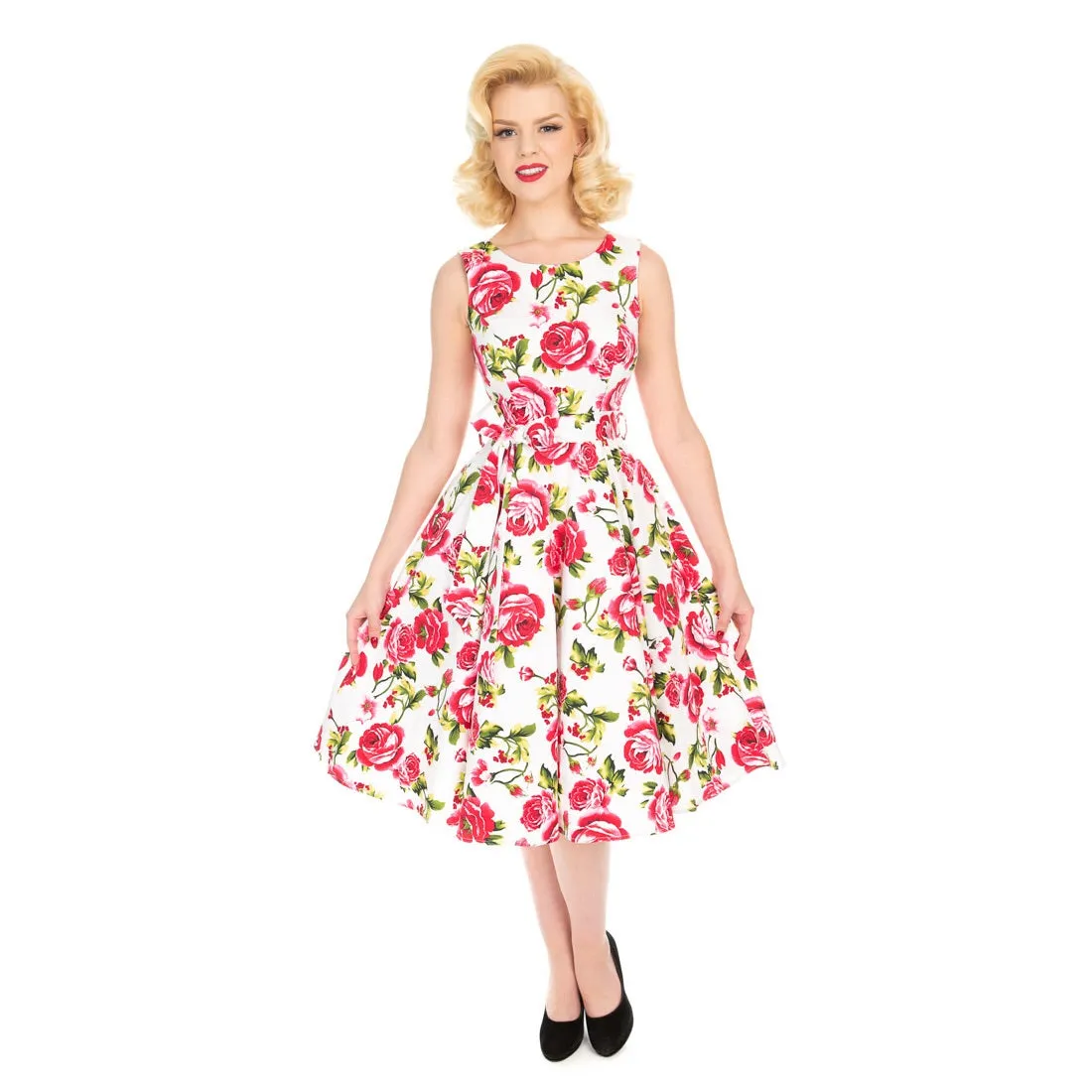 White and Pink Rose Floral Print Audrey 50s Summer Swing Dress