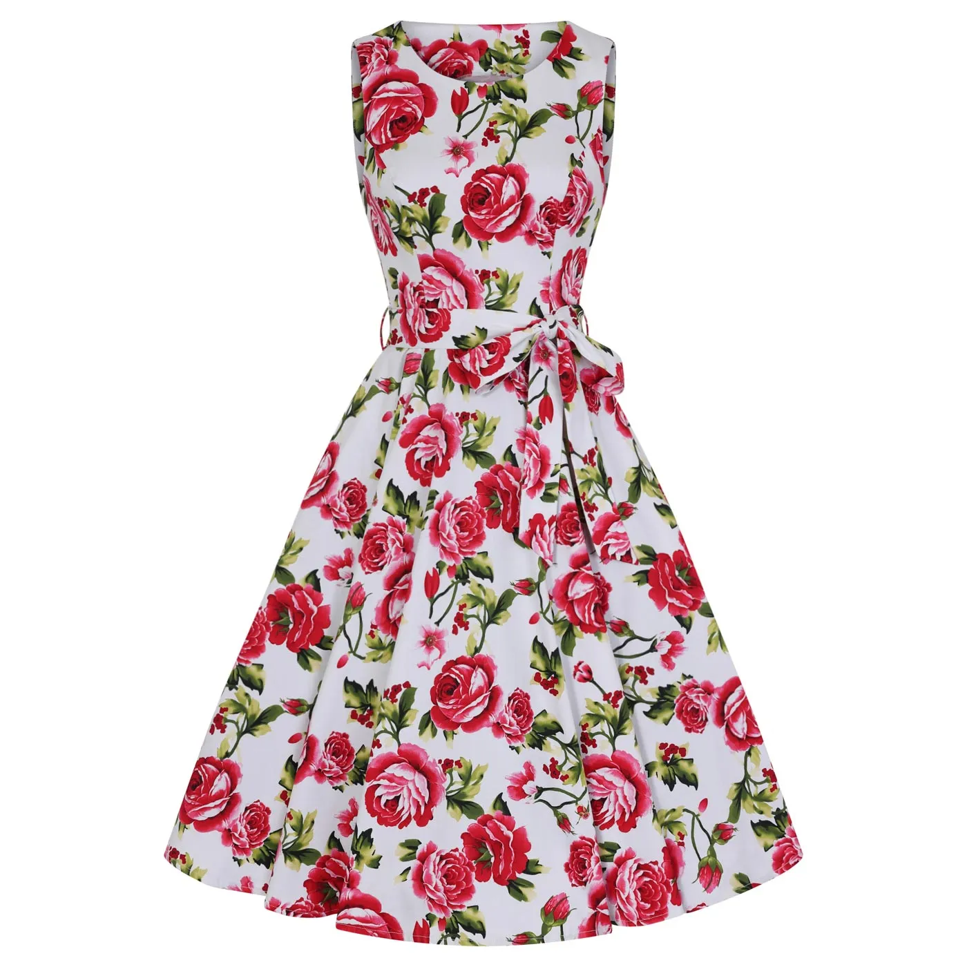 White and Pink Rose Floral Print Audrey 50s Summer Swing Dress