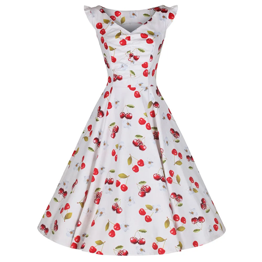 White and Red Cherry Print Rockabilly 50s Swing Dress