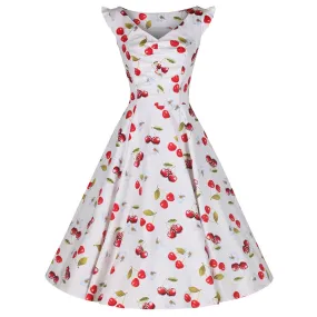 White and Red Cherry Print Rockabilly 50s Swing Dress