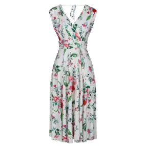 White and Red Floral V Neck Crossover Top Empire Waist Swing Dress