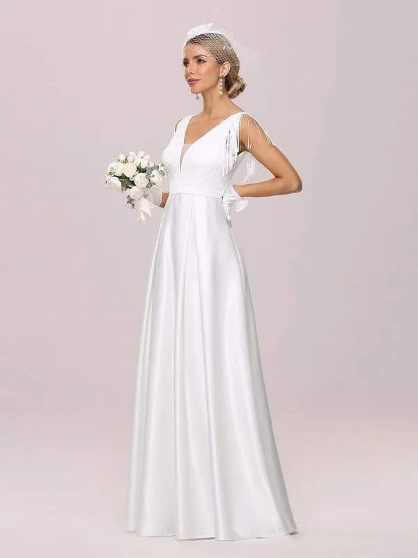 White Intage Wedding Dress V-Neck Sleeveless Natural Waist Satin Fabric Floor-Length Fringe Traditional Dresses For Bride