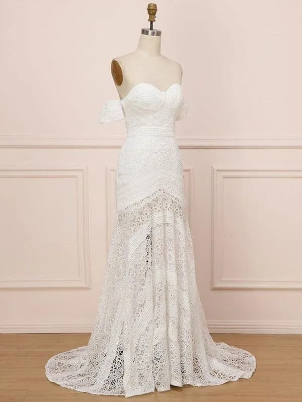 White Lace Wedding Dress Floor Length Sheath Sleeveless Lace Sweetheart Neck Bridal Dresses Train Dress