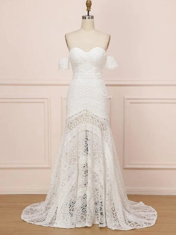 White Lace Wedding Dress Floor Length Sheath Sleeveless Lace Sweetheart Neck Bridal Dresses Train Dress