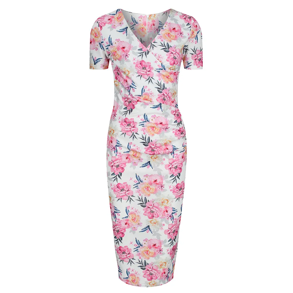 White Pink Floral Print Short Sleeve Summer Bodycon Wiggle Dress